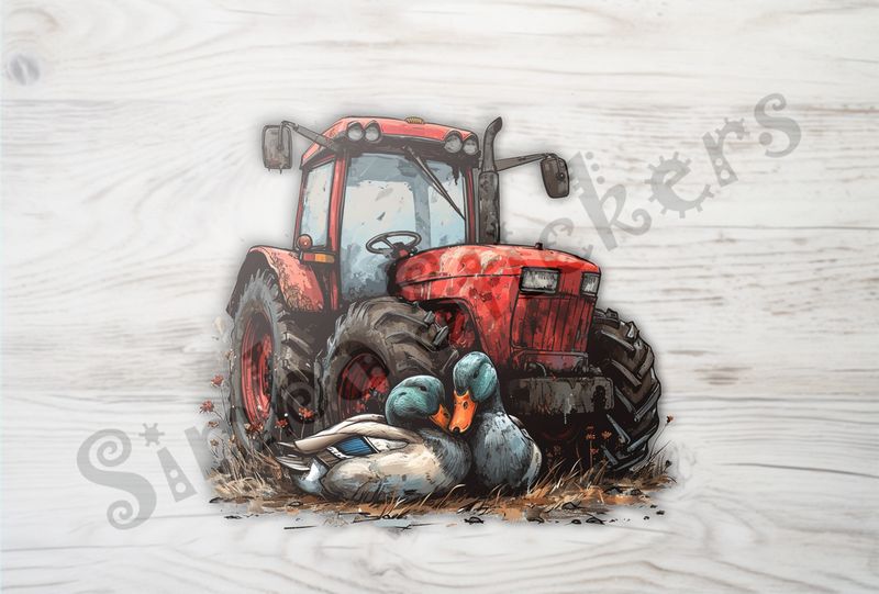 Ducks cuddling in front of farmer&#x27;s red tractor
