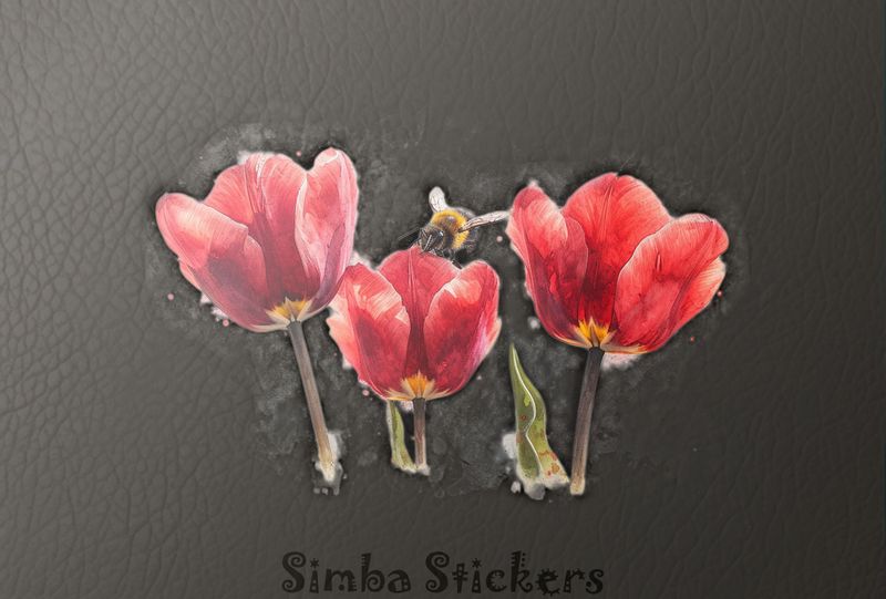 Bees above middle tulip in a row, watercolour