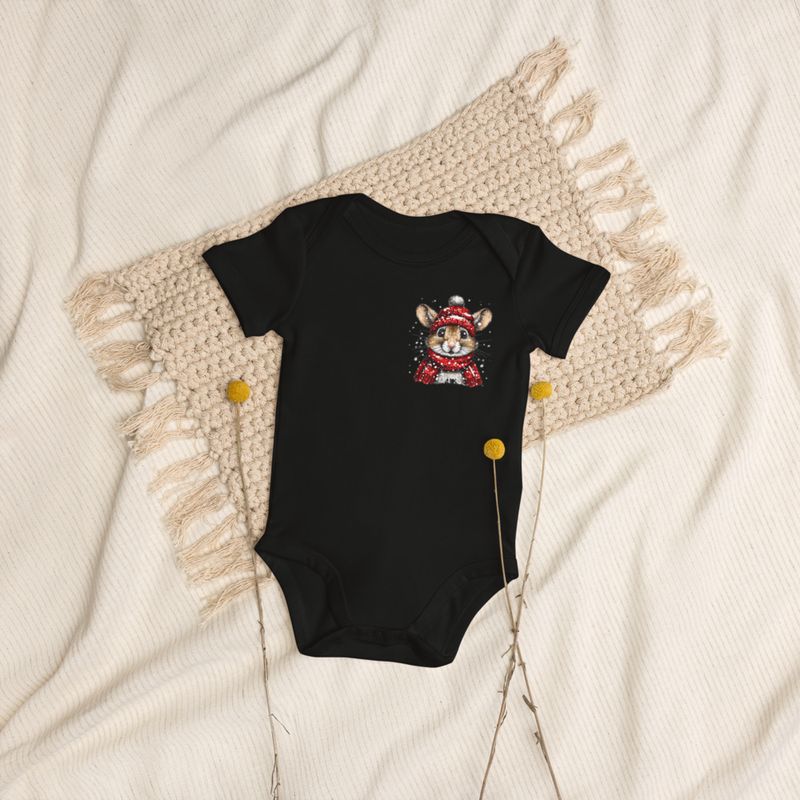 Organic Cotton Baby Bodysuit, 3-18 months, Mouse wearing red winter hat and scarf, xg8dl3,left chest