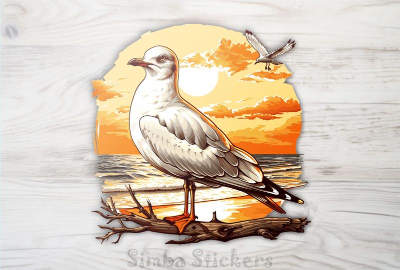 Seagull on a branch by the beach, watercolour, kajxgx