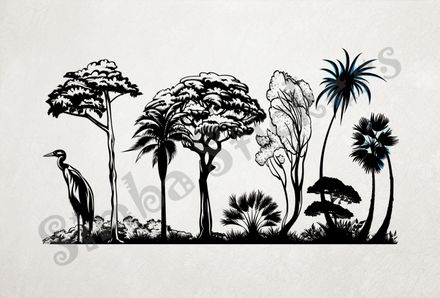 Equatorial Rainforest landscape, large bird, outline art