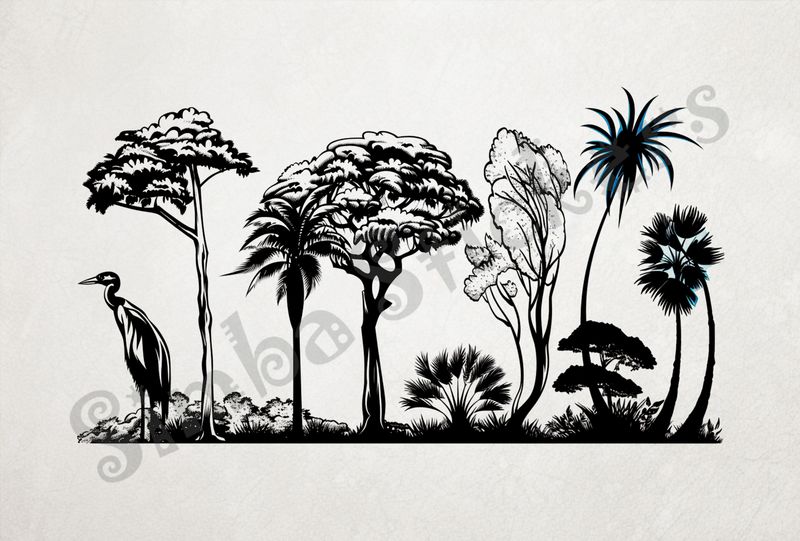 Equatorial Rainforest landscape, large bird, outline art