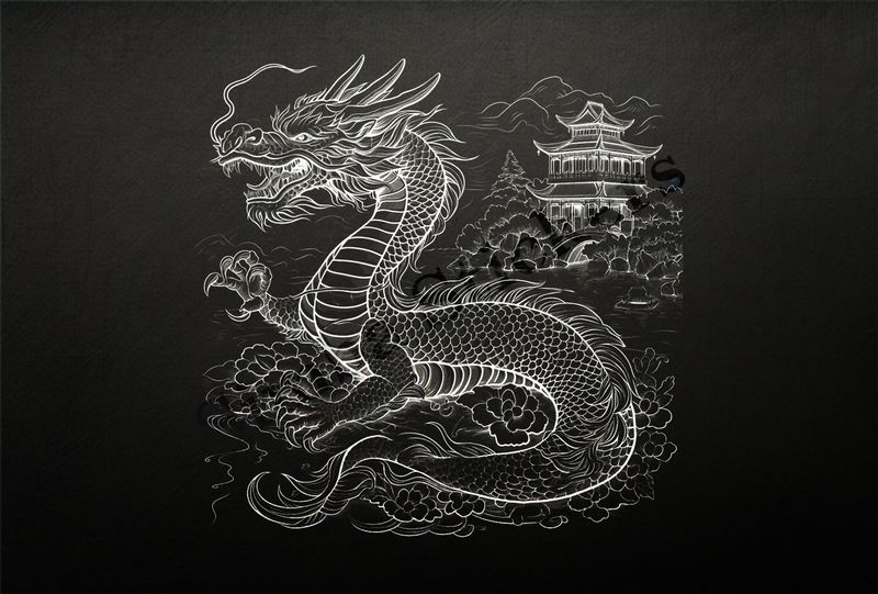 Chinese dragon across the pond from stylish house, outline art