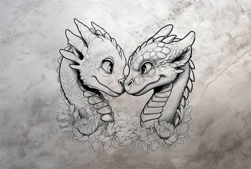 Cute dragons nose-to-nose in love,  outline art