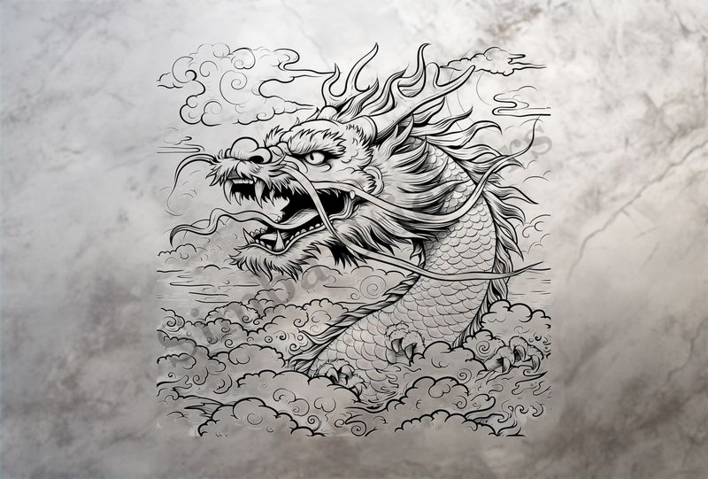 Chinese dragon rising out of the mist, outline art