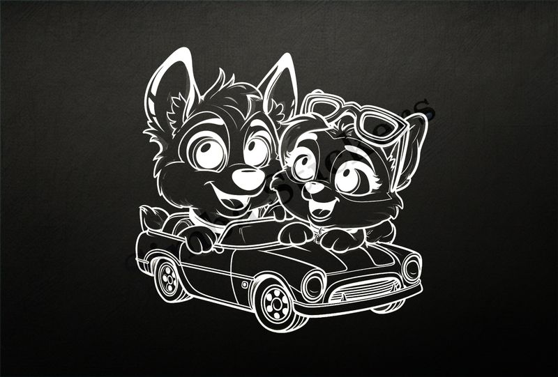 Dogs in love sitting in a classic sports car, outline art