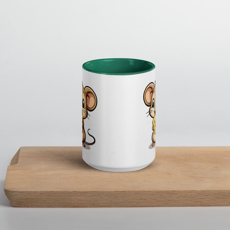 White Ceramic Mug with Color Inside,11&amp;15oz,Small Mouse happily licking large chunk of cheese,pqapy6