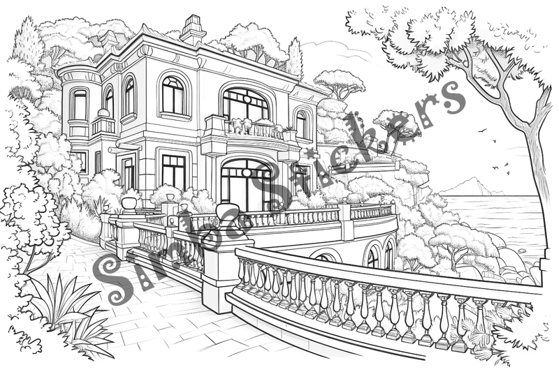 Colouring pages, bundle of houses overlooking the sea, 10 images