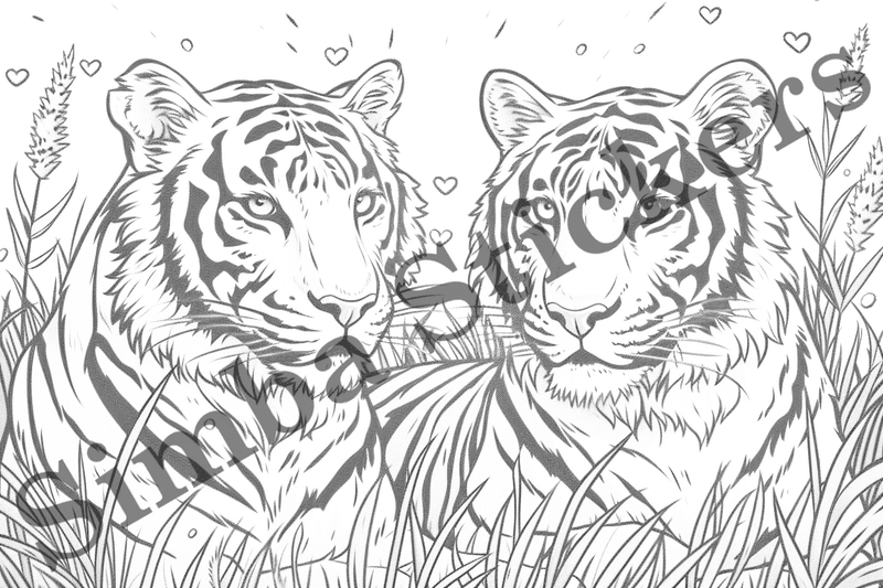 Colouring pages, bundle of tigers in love, 10 images