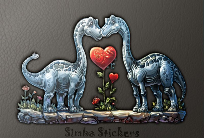 Dinosaurs in love, large Valentin&#x27;es heart , watercolour