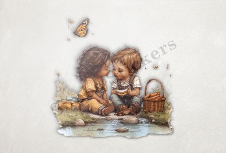 Boy and girl with a picnic basket by a pond, watercolour