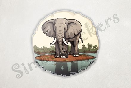 Elephant on dry ground in middle of pond