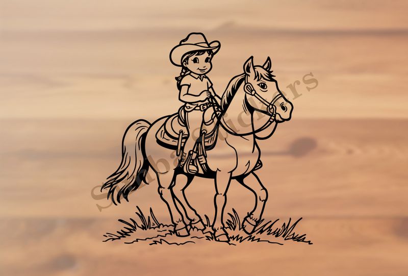 Horse carrying a small girl in a cowgirl hat, outline art