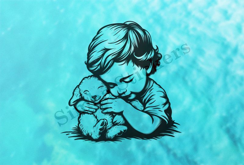 Lamb hugged by a small boy , outline art