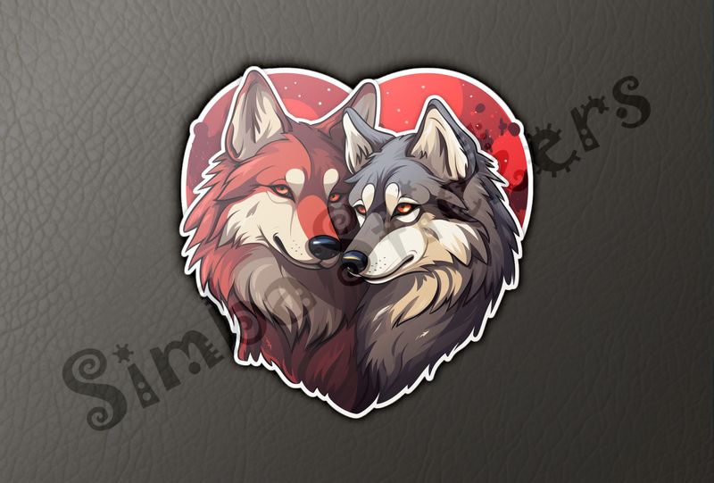 Wolves nose-to-nose, cuddling, in red heart shape