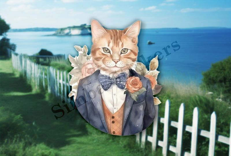 Cat in vitage suit, flower in pocket, watercolour