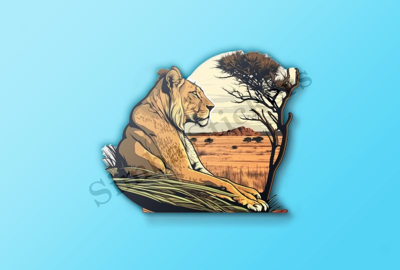 Female lion sitting in the Savanna