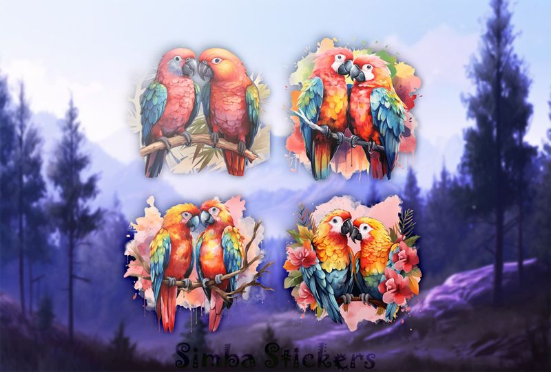 Parrots in love perching nose-to-nose, watercolour, 4-in-1, wbxkpp