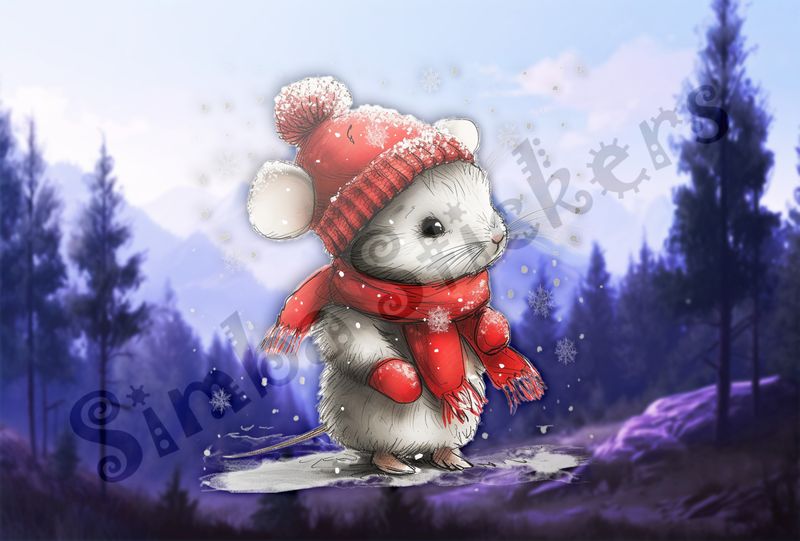Mouse wearing red winter hat, scarf and gloves in the snow