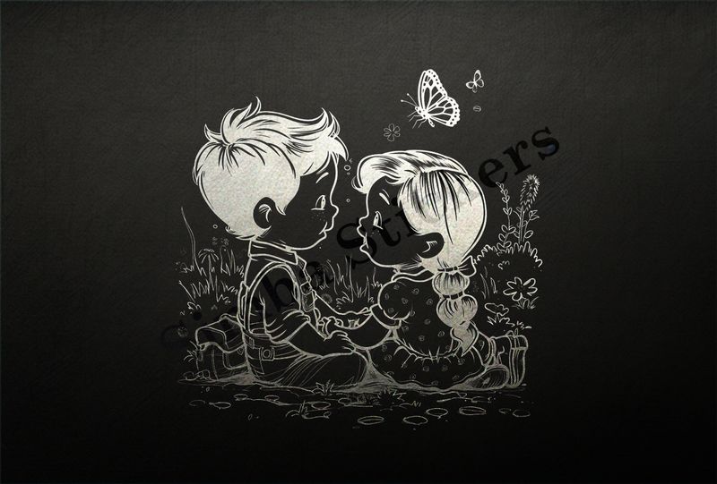Boy and girl sitting holding hands, outline art