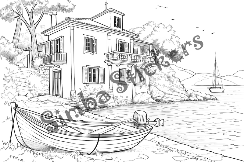 Colouring pages, bundle of houses overlooking the sea, 10 images