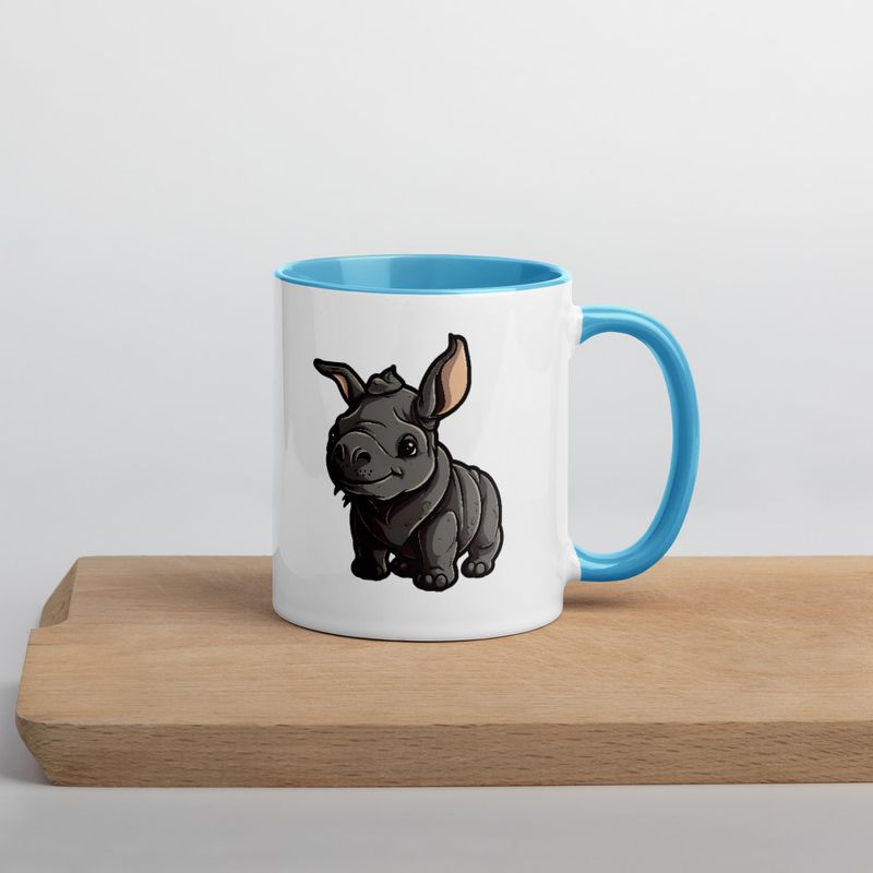 White Ceramic Mug with Color Inside, 11oz &amp; 15oz, Black rhino calf looking cute 