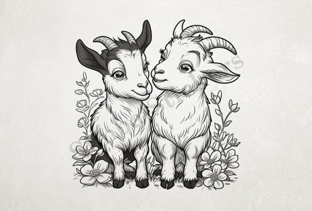 Goat kids in love, with flowers, outline art