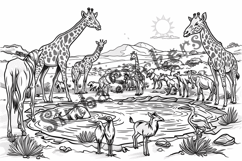 Colouring pages, bundle of African Savanna landscape, 25 images
