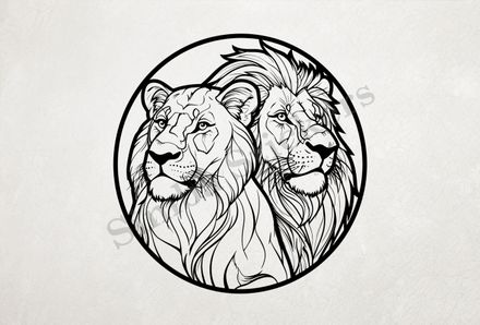 Lion with lioness, in a circle, outline art
