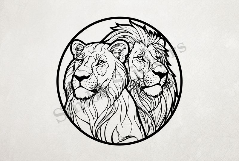 Lion with lioness, in a circle, outline art