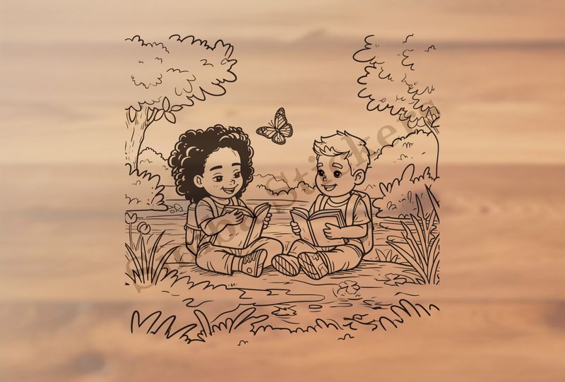 Boy and girl sitting reading books by the river, outline art