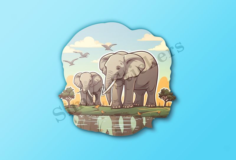 Two elephants at a pond in the Savanna