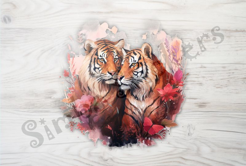Tigers in love in reddish flowers and butterfly, watercolour