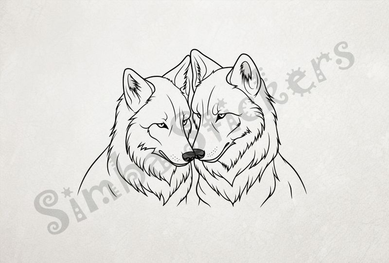 Wolves nose-to-nose, outline art