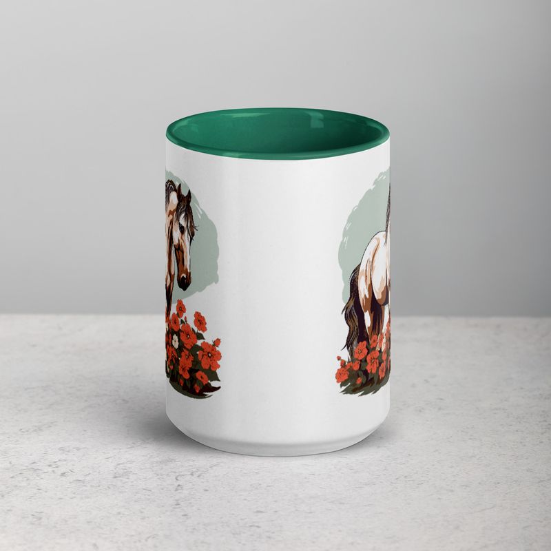 White Ceramic Mug with Color Inside, 11&amp;15oz, Brown horse in field of red flowers, n4w2fj