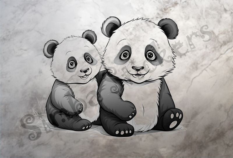 Two panda bear cubs sitting, outline art, 4bvxyc