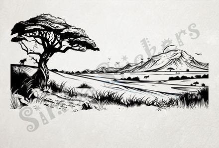 African Savanna landscape, tree up close, mountain range afar, outline art