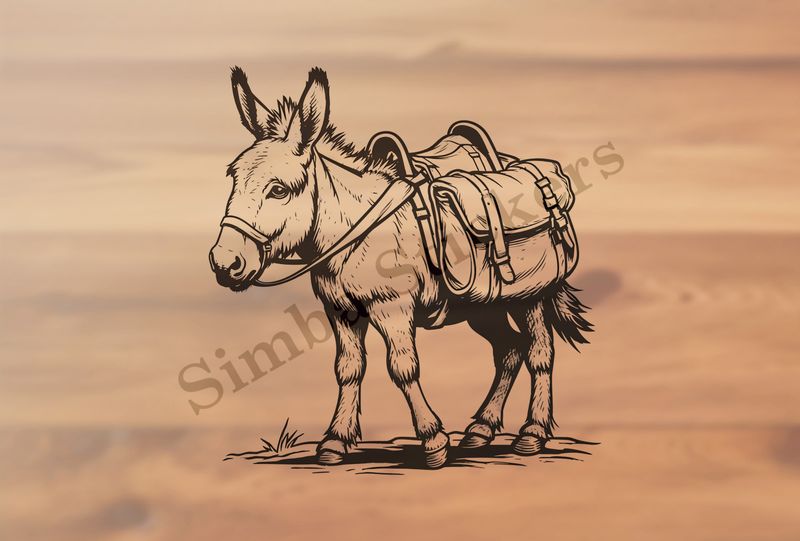 Donkey carrying goods, outline art