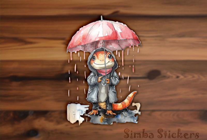 Lizard holding umbrella in the rain, watercolour