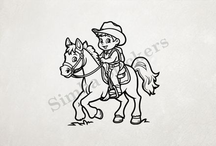 Horse carrying a small cowboy, outline art