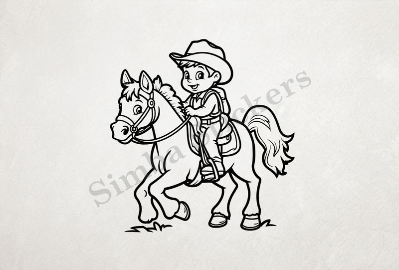 Horse carrying a small cowboy, outline art