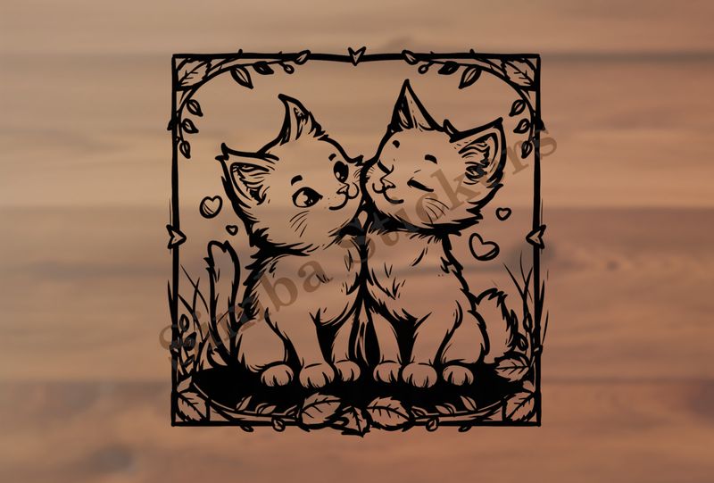 Cat kittens in love, framed, outline art