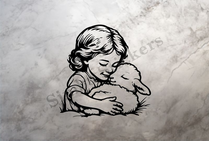Small lamb cheek-to-cheek with small girl, outline art