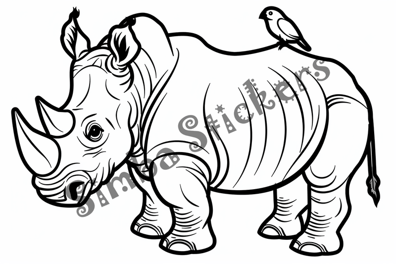 Colouring pages, bundle of rhinos with birds on back, 10 images