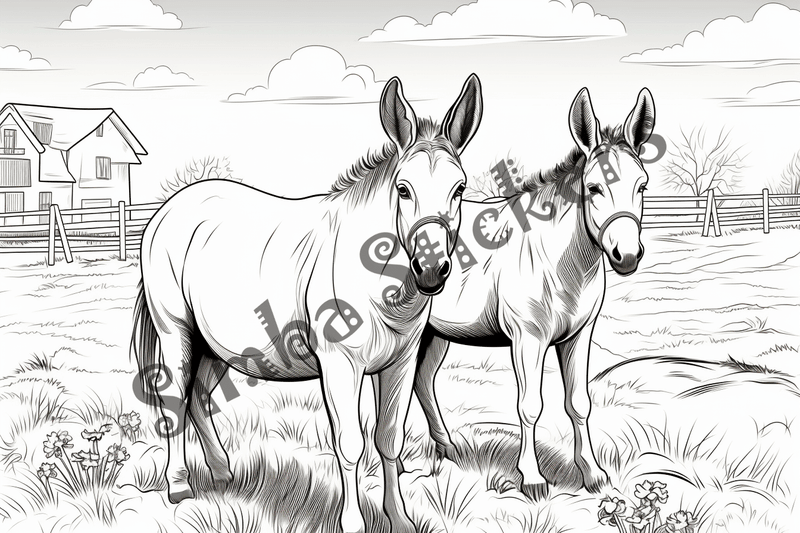 Colouring pages, bundle of donkeys with children, 25 images