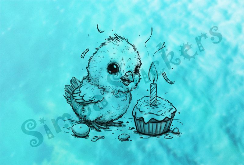 Chick blowing out a birthday candle on a cupcake, outline art