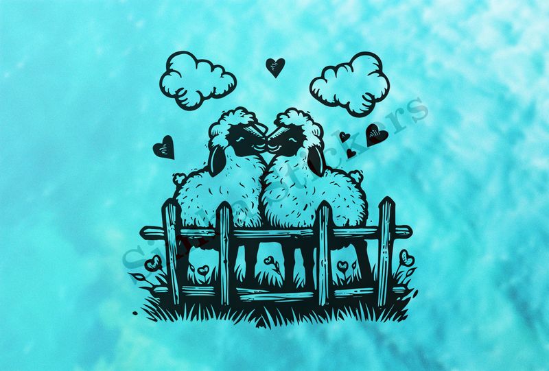 Sheep in love behind a fence, under clouds, outline art