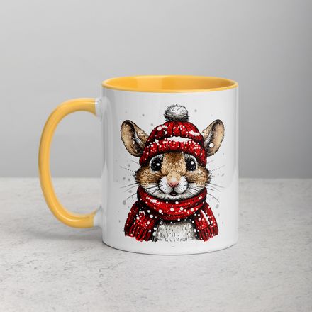 White Ceramic Mug with Color Inside, 11&amp;15oz, Mouse wearing red winter hat and scarf in snow, xg8dl3