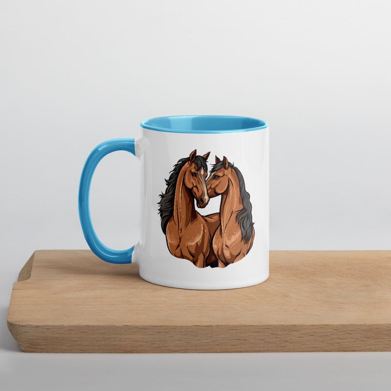 White Ceramic Mug with Color Inside, 11&amp;15oz, Two brown horses snuggling, tdwcyd