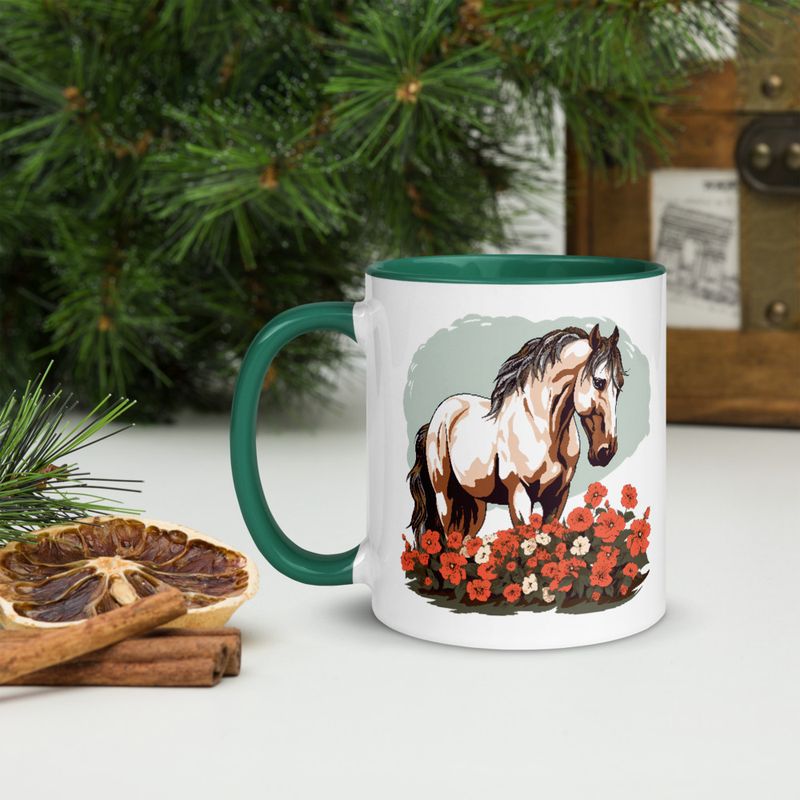 White Ceramic Mug with Color Inside, 11&amp;15oz, Brown horse in field of red flowers, n4w2fj